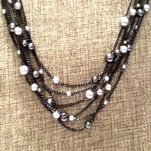 RMN Gunmetal Multi Strand Faux Pearl Station Necklace Signed